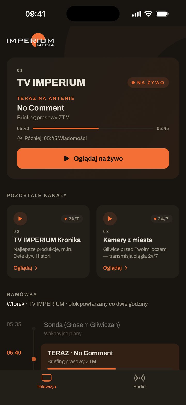 Ekran aplikacji: TV IMPERIUM na żywo z bieżącą audycją, pozostałymi kanałami i ramówką