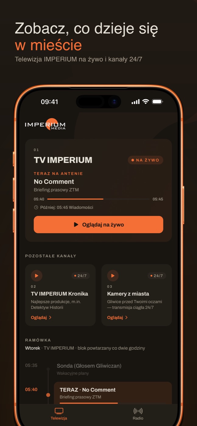 Ekran aplikacji: TV IMPERIUM na żywo z ramówką i pozostałymi kanałami